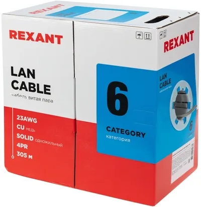 01-0067 Кабель витая пара U/UTP, CAT 6, ZH нг(А)-HF, 4PR, 23AWG, INDOOR, SOLID, серый, 305  м,  REXANT