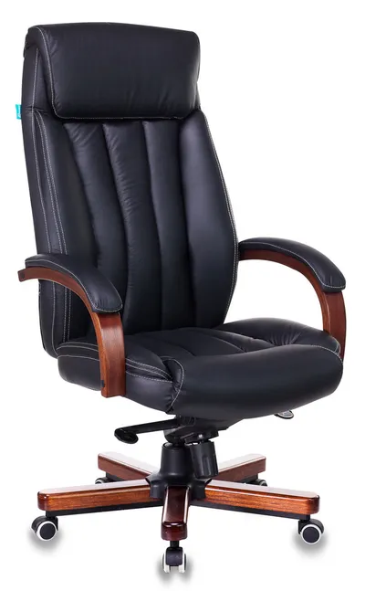<089835> Кресло Бюрократ T-9922 WALNUT (кожа, мех. качания, крест. металл/дерево, до 200 кг) Черный [T-9922WALNUT/BLACK]