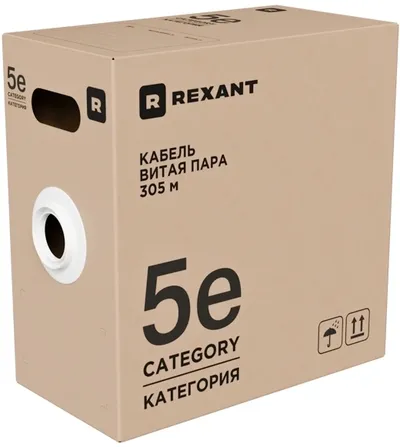 01-0045-R Кабель витая пара U/UTP, CAT 5e, PE, 4PR, 24AWG, OUTDOOR, SOLID,  черный,  305м,  РФ REXANT