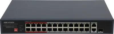 Hikvision PoE сетевой коммутатор | Интерфейс: PoE 24?RJ45 10/100Мбит/с / Uplink 1?RJ45 10/100/1'000Мбит/с / Uplink 1?SFP 1'000Мбит/с | Протокол: IEEE 802.3 / 802.3u / 802.3x | PoE Стандарт: IEEE 802.3af / IEEE 802.3at | Передача данных: 8.8Гбит/с | PoE Бюджет: DC 48V 230W / 30.0W/Порт | Эффективная дистанция: Cat.5E = 250м / Cat.6A = 300м | Типоразмер: Настольный 1U | Материал: Металл | Степень защиты: IP20 | Питание: AC 100V~240V 47-53Hz 250W / ESP TVS 6000V Встроенная защита от перенапряжения до 6kV | Температура: -10°C...+55°C | Вес: 2.55кг | Размер: 335?226?44.5мм