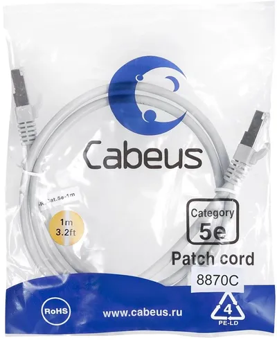 Патч-корд Cabeus, FTP, кат. 5e, 2 x RJ-45, RJ-45 - RJ-45, 100 МГц, LSZH, серый, 1 м, PC-FTP-RJ45-Cat.5e-1m-LSZH