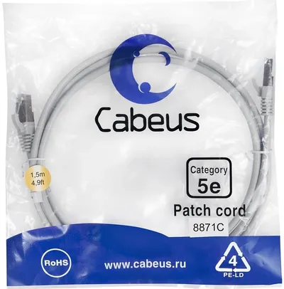 Патч-корд Cabeus PC-FTP-RJ45-Cat.5e-1.5m-LSZH, Cat.5e, F/UTP, 1.5м, RJ45, серый