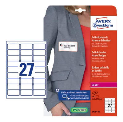 Этикетки Avery Zweckform L4784-20, 29.6×63.5мм, 27шт/лист, 120г/м², для лазерной печати