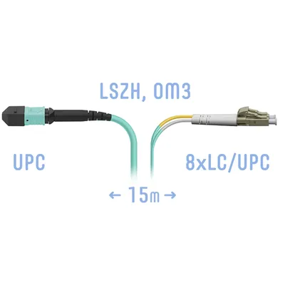 Патчкорд оптический MPO/UPC-8LC/UPC, DPX, MM (50/125 OM3), 15 метров