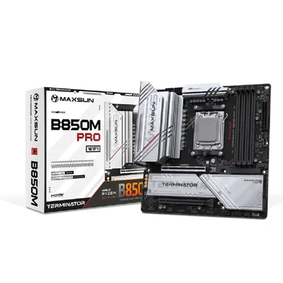 Материнская плата MAXSUN Terminator B850M PRO WIFI, AM5, AMD B850, 4xDDR5, 2xSATA, 3xM.2, 1xPCIe 5.0 x16, DisplayPort, HDMI, USB Type-C, 1x2.5Gb LAN, Wi-Fi 6E, Bluetooth, 5x3.5 мм, 7.1, microATX