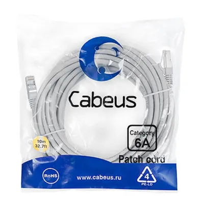Патч-корд S/FTP, категория 6а (10G), 2xRJ45/8p8c, серый, LSZH, 10м Cabeus PC-SSTP-RJ45-Cat.6a-10m-LSZH Патч-корд S/FTP, категория 6а (10G), 2xRJ45/8p8c, экранированный, серый, LSZH, 10м