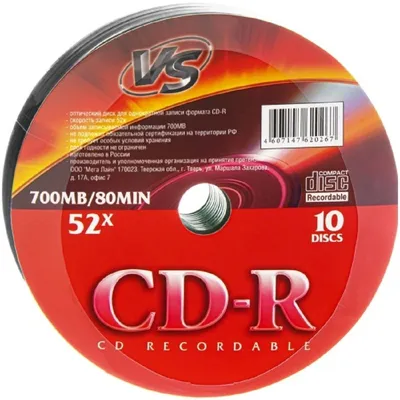 Диск VS CD-R, 700Mb, 52x, Shrink, 10 шт, Printable (VSCDRSH1001)