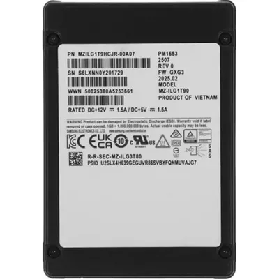 Твердотельный накопитель Samsung Enterprise SSD, 2.5"(SFF) 15mm, PM1653, 1920GB (1.92TB), SAS 24Gb/s, R4200/W2400Mb/s, IOPS(R4K) 720K/85K, MTBF 2M, 1DWPD/5Y, TBW 3504TB, OEM (repl. MZILT1T9HBJR-00007)