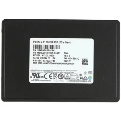 Твердотельный накопитель Samsung Enterprise SSD, 2.5"(SFF/U.2) 15mm, PM9D3a, 960GB, PCIe5.0 1x4 NVMe 2.0, R12000/W1600Mb/s IOPS(R4K) 1000K/70K, MTBF 2.5M, 1DWPD/5Y TBW 1752TB, OEM, (replace MZQL2960HCJR-00A07)