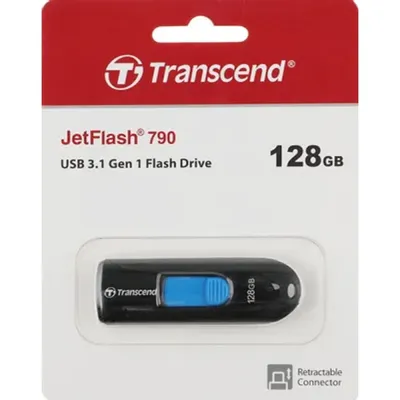 USB накопитель Transcend - JetFlash 790, USB Type A (USB 3.2 Gen 1), 128 ГБ, write speed-40MB/s, read speed-90MB/s, цвет чёрно-синий, TS128GJF790K