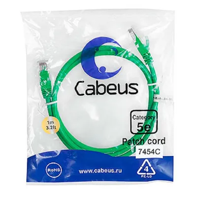 Патч-корд Cabeus PC-UTP-RJ45-Cat.5e-1m-GN-LSZH Патч-корд U/UTP, категория 5е, 2xRJ45/8p8c, неэкранированный, зеленый, LSZH, 1м