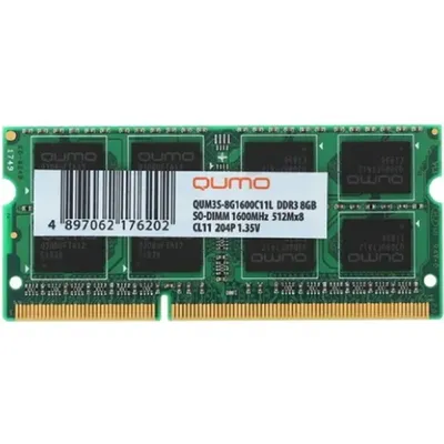 Оперативная память для ноутбука 8Gb (1x8Gb) PC3-12800 1600MHz DDR3L SO-DIMM Unbuffered CL11 QUMO QUM3S-8G1600C11L
