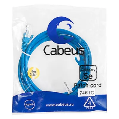 Патч-корд Cabeus PC-UTP-RJ45-Cat.5e-2m-BL Патч-корд U/UTP, категория 5е, 2xRJ45/8p8c, неэкранированный, синий, PVC, 2м
