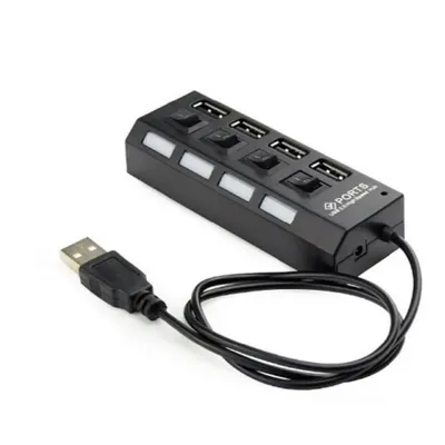 Gembird Разветвитель USB2.0  4xUSB, блок питания 2А, подсветка и выкл, кабель USB 55см, черный (UHB-U2P4-02A)