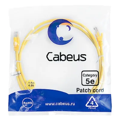 Cabeus PC-UTP-RJ45-Cat.5e-1.5m-YL - Патч-корд U/UTP, категория 5е, 2xRJ45/8p8c, неэкранированный, желтый, PVC, 1.5м. Патч-корд (коммутационный шнур) необходим для подключения оборудования пользователя к кабельной системе, а также для коммутации портов в кроссовых узлах между портами активного оборудования и патч-панелями.