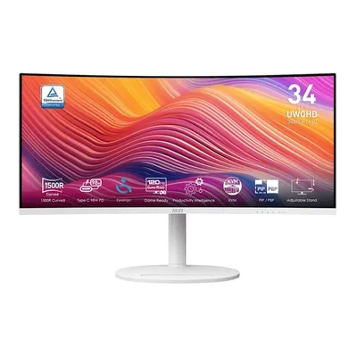 MICROSTAR MSI Modern 34" MD342CQPW белый {VA Curved 3440x1440 120Hz 1ms 3000:1 21:9 300cd 2xHDMI DisplayPort 2xUSB USB-C Speaker Tilt Swivel Height white cable}