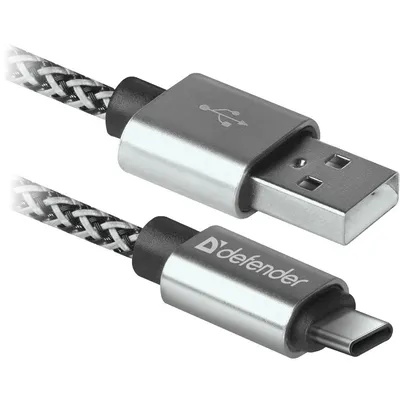 Кабель USB Defender 87815, USB 2.0, AM-Type-C, 1 м, 2.1A, тканевая оплетка
