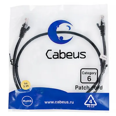 Патч-корд Cabeus PC-UTP-RJ45-Cat.6-1m-BK Патч-корд U/UTP, категория 6, 2xRJ45/8p8c, неэкранированный, черный, PVC, 1м