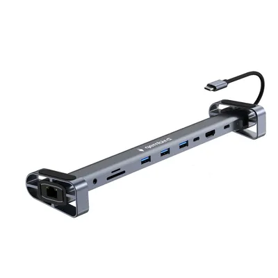 Док-станция Type-C Gembird UHB-D5 10в1:3xUSB3.1, Type-C PD87W,Jack 3.5,SD/TF,HDMI,RJ45,Type-C,  кабель 14см, алюминий