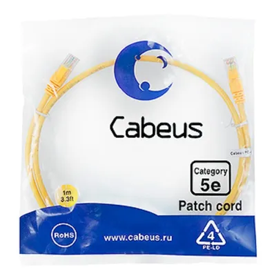 Патч-корд Cabeus PC-UTP-RJ45-Cat.5e-1m-YL U/UTP, категория 5е, 2xRJ45/8p8c, неэкранированный, желтый, PVC, 1м