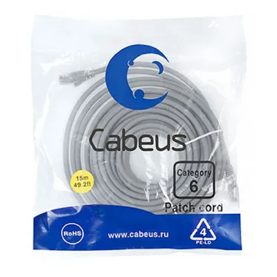PC-UTP-RJ45-Cat.6-15m-LSZH Шнур коммутационный Cabeus кат. 6 неэкр. U/UTP RJ45/RJ45 250 МГц d 62 15м LSZH AWG24 серый