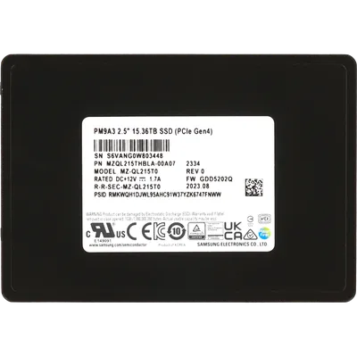 Твердотельный накопитель/ Samsung SSD PM9A3, 15360GB, U.2(2.5" 7mm), NVMe, PCIe 4.0 x4, 3D TLC, R/W 6700/4000MB/s, IOPs 1 100 000/200 000, TBW 28032, DWPD 1 (12 мес.) pulled