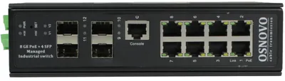 Коммутатор Osnovo промышленный управляемый (L2+) HiPoE Gigabit Ethernet на 8GE PoE + 4 GE SFP порта с функцией мониторинга температуры/ влажности/ напряжения. Порты: 1 x GE (10/100/1000Base-T) с PoE BT (до 90W) + 7 x GE (10/100/1000Base-T) с PoE (до 30W) + 4 x GE SFP (1000Base-X). Уровень управления L2+. Соответствует стандартам PoE IEEE 802.3af/at/bt. Автоматическое определение и режим антизависания PoE устройств. управление питанием. Суммарная мощность PoE до 300W.Встроенная система мониторинга температуры/ напряжения + внешний датчик температуры/ влажности. Поддержка ПО OSNOVO Monitoring System. Выходы типа "Сухой контакт", Цифровой вход. Встроенная грозозащита 6кВ, электростатическая защита 8кВ. Питание: 2 x входа DC37-57V(315W). БП в комплект НЕ входит. Монтаж на DIN-рейку или на стену (крепление в комплекте). Размеры (ШхВхГ): 50х187х130мм. Вес: 1,3кг. Рабочая температура: -40…+80°С.