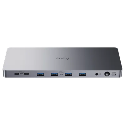 Концентратор CUDY 13-IN-1 10Gbps USB-C Dual 4K Docking Station | 150W PSU Up to One 5K(5120x2880p60) or Two 4K(4096x2160p60) Video output, 2 x Display 1.2a Port, 2 x HDMI 2.0 Port;1 x 10Gbps Upstream USB-C 3.2Gen2 port (PD 100W);  2 x 10Gbps USB-C 3.2Gen2 ports (Up to 15W per port);
