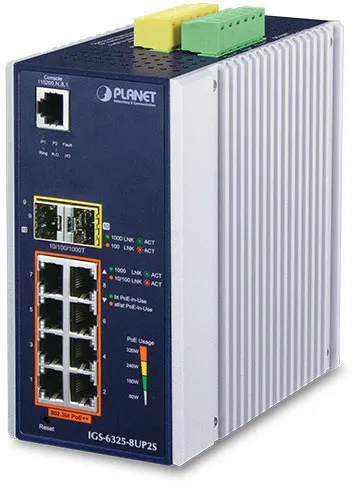 коммутатор/ PLANET IGS-6325-8UP2S IP30 DIN-rail Industrial L3 8-Port 10/100/1000T 802.3bt PoE + 2-port 1G/2.5G SFP Full Managed Switch (-40 to 75 C, 8-port 95W PoE++, 802.3bt/PoH/Force modes, dual redundant power input on 48~56VDC terminal block, DIDO, ERPS Ring, 1588 PTP TC, Modbus TCP, ONVIF, Cybersecurity features, Hardware Layer3 OSPFv2 and IPv4/IPv6 Static Routing, supports MQTT, supports 100FX, 1000X and 2.5G SFP)