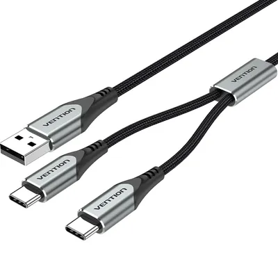 Кабель 2xTypeC-USB, 2.4A, 1м, черный/серебристый, Vention (CQOHF)