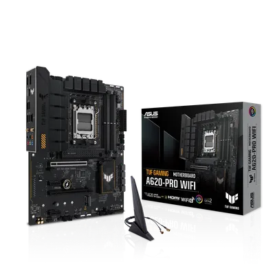 Материнская плата ASUS TUF GAMING A620-PRO WIFI, AM5, AMD A620, 4xDDR5, 4xSATA, 2xM.2, 1xPCIe 4.0 x16, 1xPCIe 3.0 x16, 2xPCIe x1, DisplayPort, HDMI, 1x2.5Gb LAN, USB Type-C, 5x3.5 мм, 7.1, ATX