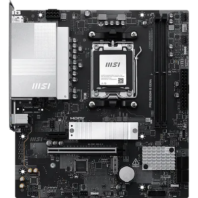 Материнская плата MSI PRO B850M-B GEN4, AM5, AMD B850, 2xDDR5 (до 128 ГБ), 4xSATA, 2xM.2 (1xPCIe 5.0, 1xPCIe 4.0), 1xPCIe 4.0 x16, 1xPCIe x1, 1xHDMI, 1xDP, 1x2.5Gb LAN, 1xUSB-C 5Gbps, 3xUSB-A 5Gbps, 2xUSB-A 2.0, 3x3.5 мм, 7.1, чёрный/серебристый, mATX