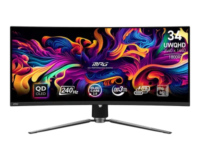 Монитор 34" MSI MPG 341CQPX QD-OLED 3440x1440, 240 Гц, 0.03 мс, 21:9, DisplayHDR True Black 400, 1000 кд/м², изогнутый (1800R), HDMI 2.1 (x2), DisplayPort 1.4a, USB-C (98 Вт), Flicker Free, PIP, виртуальный прицел, стабилизатор черного цвета, увеличение центральной области экрана, KVM-переключатель, CEC, регулировка по высоте, черный