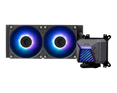 Система жидкостного охлаждения/ Water Cooling System MSI MAG CORELIQUID A15 240 (240W, 240mm, Black, ARGB/ Fans: 2x120mm, 64.89CFM, 28.7dBA, 2050RPM/ Pump 20dBA, 3400RPM, Rad thickness 27mm/ S: 1851, 1700, AM5, AM4)