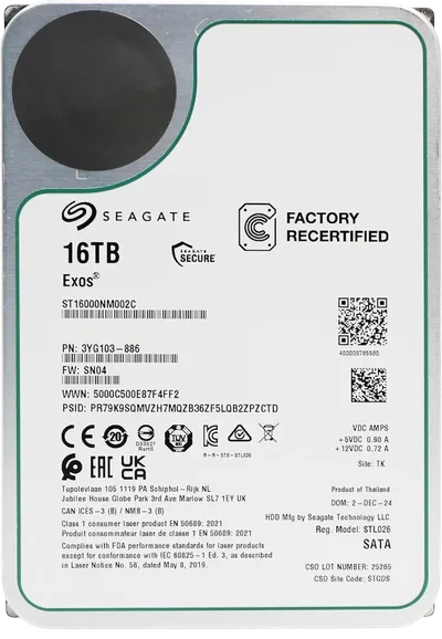 Жесткий диск/ HDD Seagate SATA 16Tb Exos 6Gb/s 7200 512Mb OFFICIAL RECERTIFIED MTBF - 2.5M hrs 1 year warranty (replacement ST16000NM001G, ST16000NM000J, MG08ACA16TE, MG09ACA16TE, MG11ACA16TE, WUH721816ALE6L4)