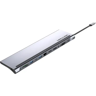 Док-станция Vention USB Type-C M/HDMI F+VGA F+DisplayPort F+RJ45+USB 3.0+USB 2.0 Type-AF+USB Type-C F+DC Jack 3.5mm+SD F+microSD F (THSHC)