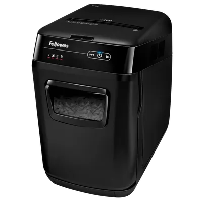 Fellowes Шредер AutoMax 150C FS-46801(01/02)*  {(секр.P-4)/фрагменты 4x38 мм,/150лист./32лтр./Уничт:скрепки, скобы, пл.карты,CD диски}