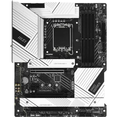 Материнская плата MSI PRO Z790-A WIFI II, LGA1700, Intel Z790, 4xDDR5, 6xSATA, 4xM.2, 1xPCIe 5.0 x16, 1xPCIe 4.0 x4, 2xPCIe 3.0 x1, 1xHDMI, 1xDisplayPort, 1x 2.5Gb LAN, 2xUSB 2.0, 2xUSB 3.2 Gen1, 3xUSB 3.2 Gen2, 1xUSB 3.2 Gen2x2 Type-C, 5x3.5 мм, 7.1, ATX