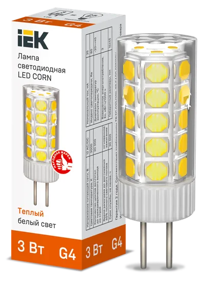 Лампа LED IEK LLE-CORN-3-012-30-G4, CORN, 3Вт, 12В, 3000К, G4