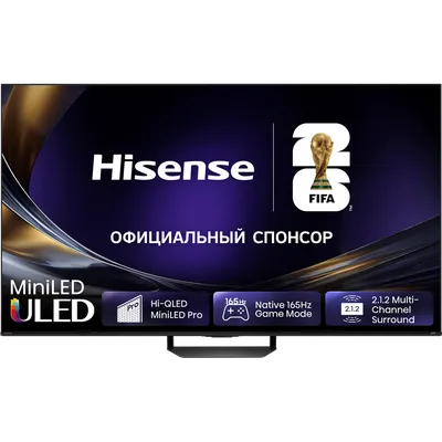 Телевизор ЖК 55'' Hisense/ 55", Ultra HD, Mini LED, ADS, Local Dimming Zones 512, 4K 48-165Hz, 2K 48-330Hz, Smart TV (HomeOS U9.5), Wi-Fi, DVB-T2/T/C/S2/S, HDR 10+, Dolby Vision, Dolby Atmos, Bluetooth, 2.1.2 CH 2*10W(Main)+20W(Subwoofer)+2*5W(Side), 500 nits, 1000:1, CI+(1.4), 4хHDMI, 2хUSB, FreeSync Premium PRO, 165Hz Game Mode Pro, Charcoal grey, 2026
