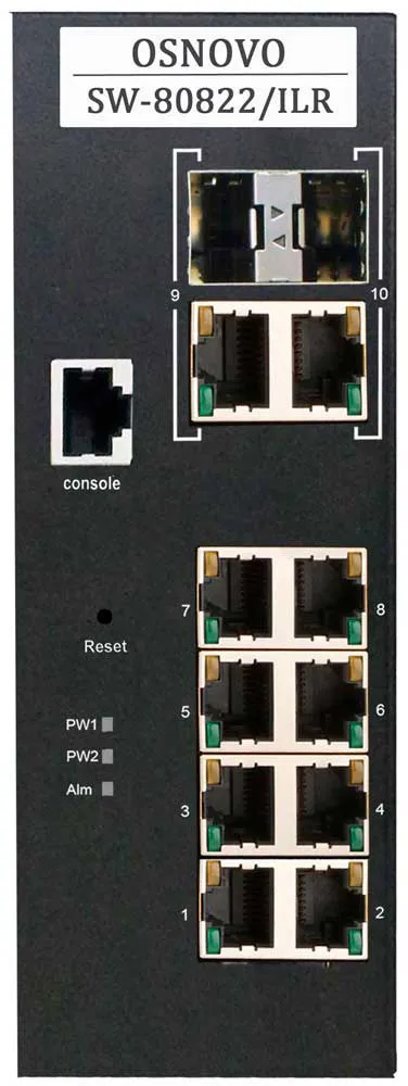Коммутатор Osnovo промышленный управляемый (L2+) PoE  Gigabit Ethernet на 10 портов. Порты: 8 x GE (10/100/1000Base-T) с PoE (до 30W) + 2 x GE Combo (RJ45 10/100/1000Base-T+ SFP 1000Base-X). Вход для резервного питания и тревожный выход. Встроенная грозозащита . Уровень управления L2 (Web smart). Соответствует стандартам PoE IEEE 802.3af/at. Автоматическое определение и режим антизависания PoE устройств, управление питанием. Суммарная мощность PoE до 240W. Питание DC45-57V(255W). БП в комплект НЕ входит. Размеры (ШхВхГ): 75x175x125мм. Монтаж на DIN-рейку. Рабочая температура: -40…+70°С.