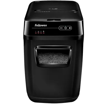 Fellowes® Шредер AutoMax® 200C (автоподача 200 листов), 32 литр, 4х38 мм (класс 4), автореверс, скобы/скрепки/карты/CD.
