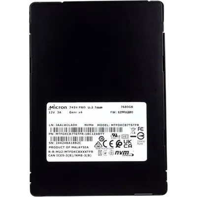 Твердотельный накопитель/ Micron SSD 7450 PRO, 7680GB, U.3(2.5" 7mm), NVMe, PCIe 4.0 x4, 3D TLC, R/W 6800/5600MB/s, IOPs 1 000 000/215 000, TBW 14000, DWPD 1 (12 мес.)