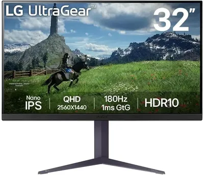 Монитор 31.5" LG UltraGear 32GS85Q-B IPS 2560x1440, 180 Гц, 1 мс, 16:9, HDR10, 350 кд/м², HDMI (x2), DisplayPort, USB-A (x2), Flicker Free, Low Blue Light, виртуальный прицел, стабилизатор черного цвета, счетчик кадров, трехсторонний безрамочный дизайн, регулировка по высоте, поворот на 90 градусов, черный