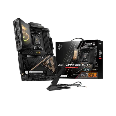 Материнская плата MSI MEG X870E ACE MAX, AM5, AMD X870E, 4xDDR5 (до 256 ГБ), 4xSATA, 5xM.2 (2xPCIe 5.0, 3xPCIe 4.0), 2xPCIe 5.0 x16, 1xPCIe x4, 1xHDMI, 1x5Gb LAN, 1x10Gb LAN, Wi-Fi 7, Bluetooth 5.4, 2xUSB-C 40Gbps (USB4), 2xUSB-C 20Gbps, 2xUSB-A 10Gbps, 7xUSB-A 5Gbps, 3x3.5 мм + S/PDIF оптический, 7.1, чёрный, с подсветкой, ATX