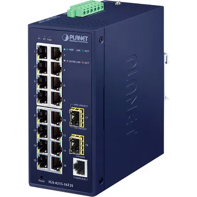 Коммутатор 16-портовый Planet IGS-4215-16T2S, IP30 Industrial L2/L4 16-Port 10/100/1000T + 2-Port 100/1000X SFP Managed Switch (-40~75 degrees C, dual redundant power input on 12~48VDC/24VAC terminal block)