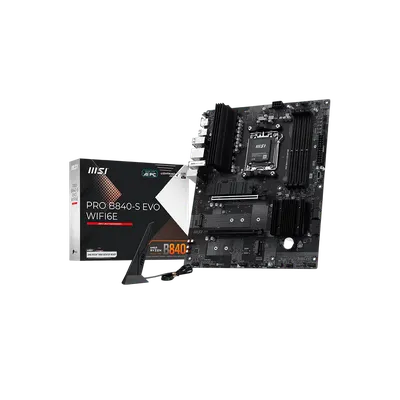 Материнская плата MSI PRO B840-S EVO WIFI6E, AM5, AMD B840, 4xDDR5 (до 256 ГБ), 4xSATA, 3xM.2 (PCIe 4.0/3.0), 1xPCIe 4.0 x16, 1xPCIe 3.0 x16, 1xHDMI, 1x2.5Gb LAN, Wi-Fi 6E, Bluetooth 5.3, 1xUSB-C 10Gbps, 1xUSB-A 10Gbps, 2xUSB-A 5Gbps, 4xUSB-A 2.0, 3x3.5 мм, 7.1, чёрный, ATX