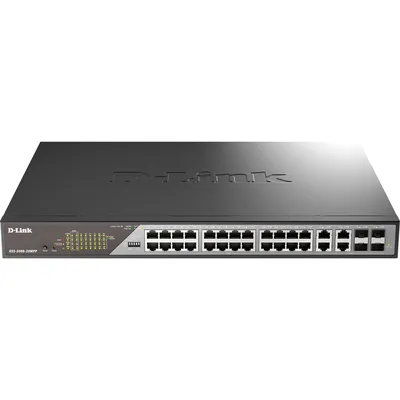 D-Link Настраиваемый L2 коммутатор DSS-200G-28MPP, оснащенный 24 портами 10/100/1000Base-T с поддержкой PoE и 4 комбо-портами 100/1000Base-T/SFP, позволяет пользователям легко подключать и подавать питание по Ethernet-кабелям на PoE-совместимые устройства, например на сетевые камеры, и является оптимальным решением для развертывания систем видеонаблюдения