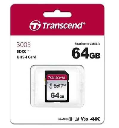 Карта памяти Transcend - 300S, SDXC, write speed 40Mb/s, read speed 95Mb/s, UHS-I Class 1, V30, Class 10, 64GB, TS64GSDC300S