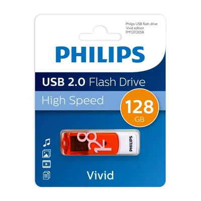 Флешка USB PHILIPS VIVID (FM12FD05B/97), 128Gb, USB 2.0, R/W 15/6, белый/желый